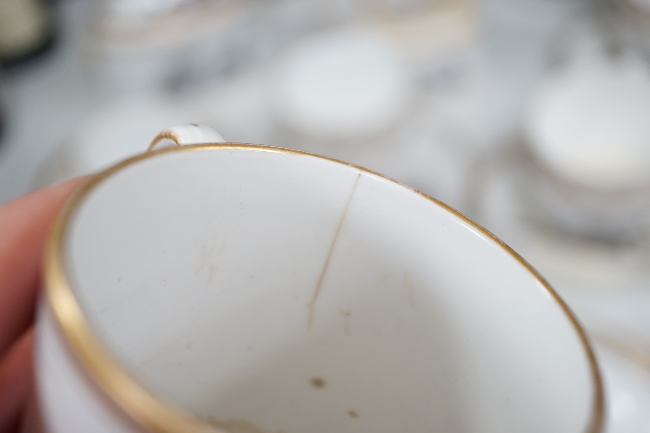 A Spode bat printed part tea / coffee set, c.1802, including pattern 557, largest 26cm wide. Condition - varies, poor to fair